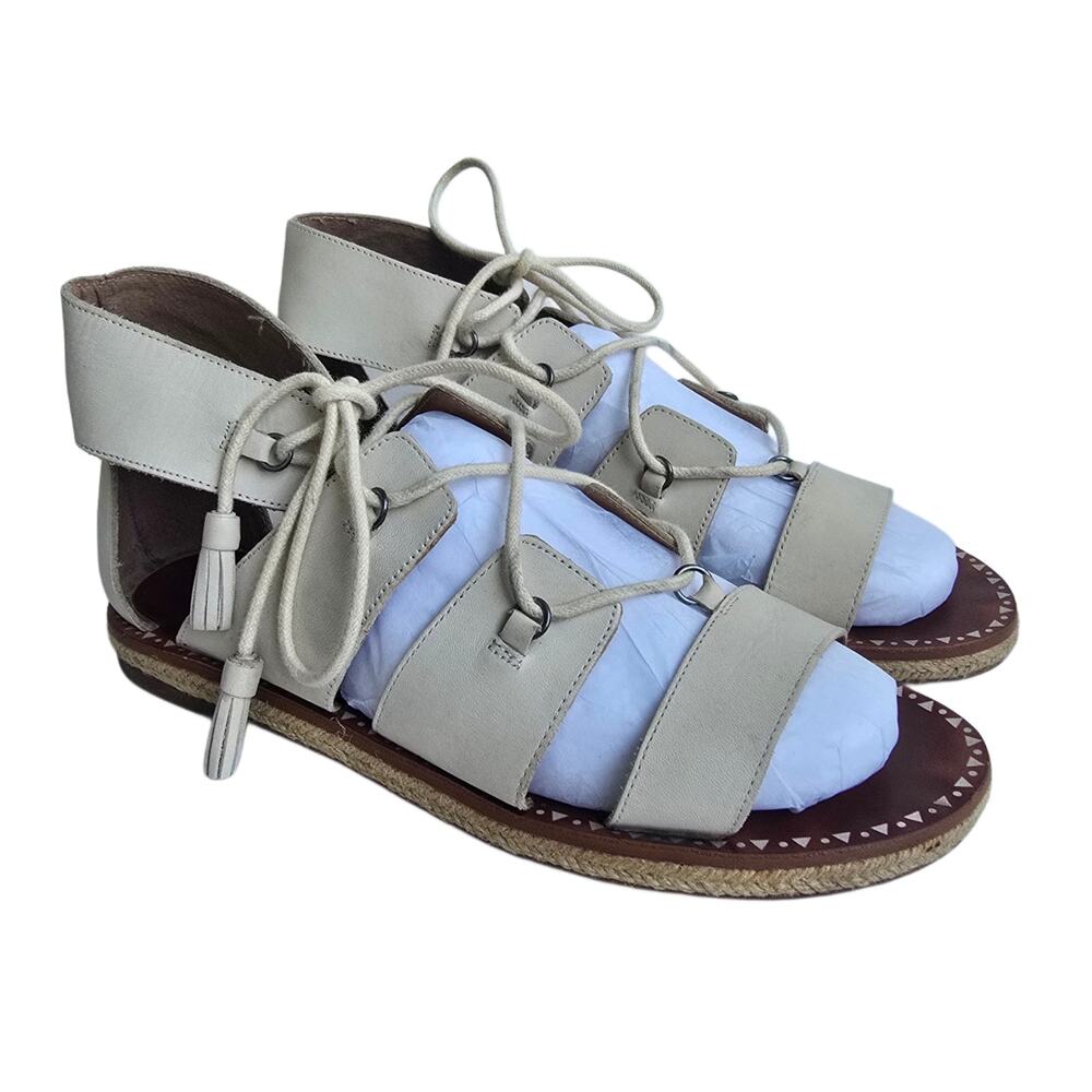 Gladiator Sandal Off White Leather Lace Up Tassel Short Ankle Sz 8.5 Lucky Brand